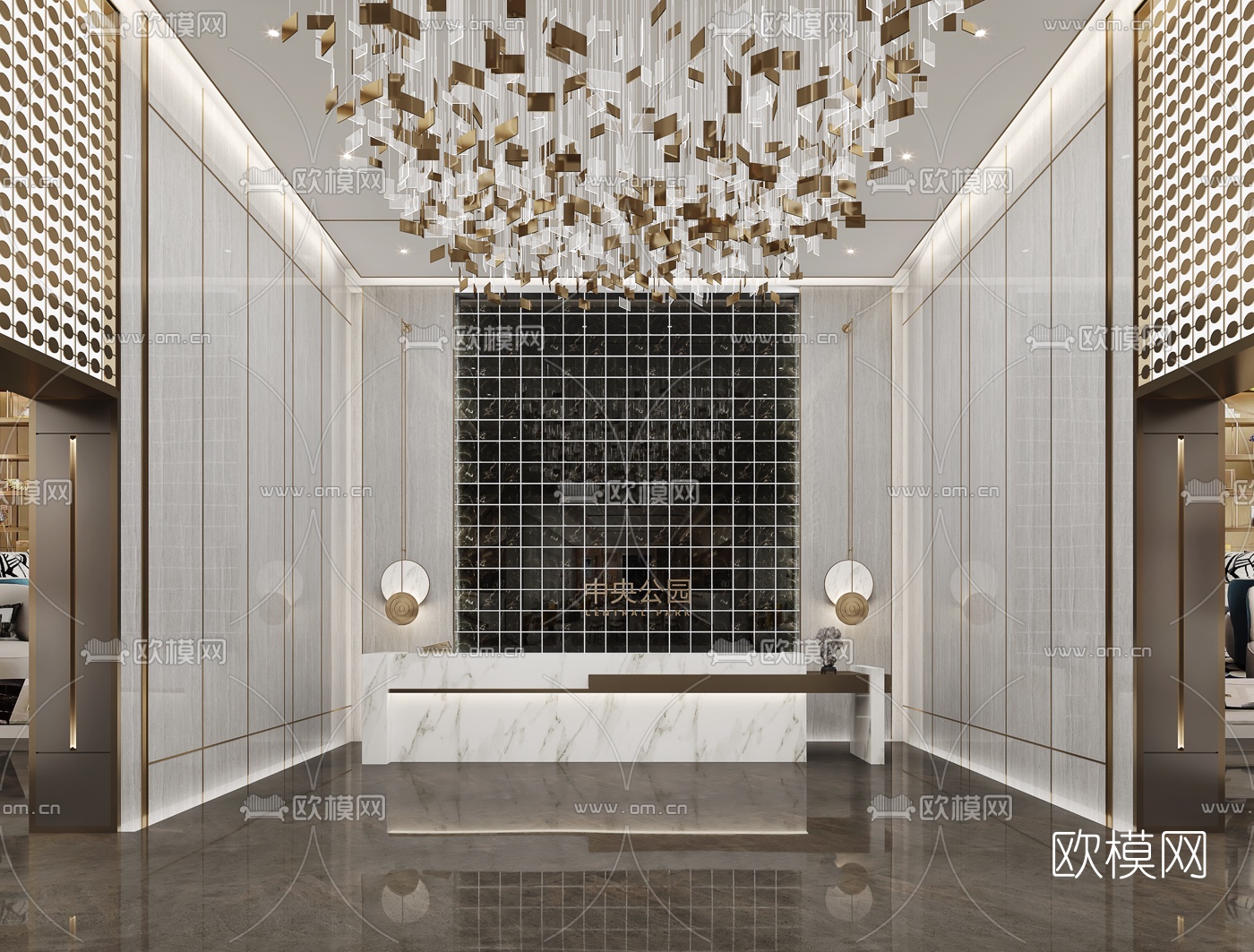 新中式前台接待台3d模型下载（渲染图1）