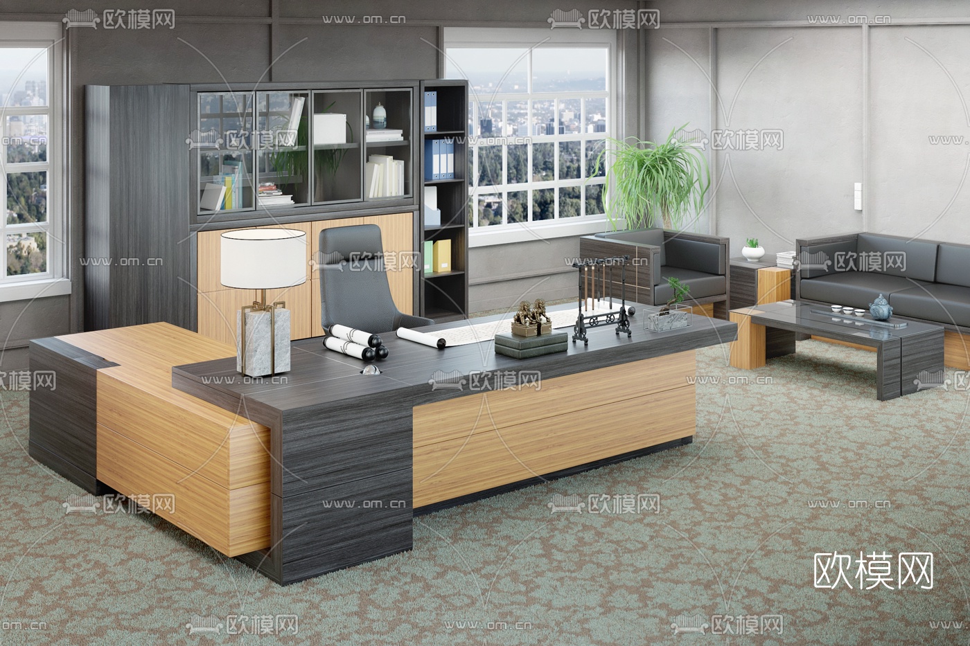 现代大班台会议桌文件柜3d模型下载（渲染图2）