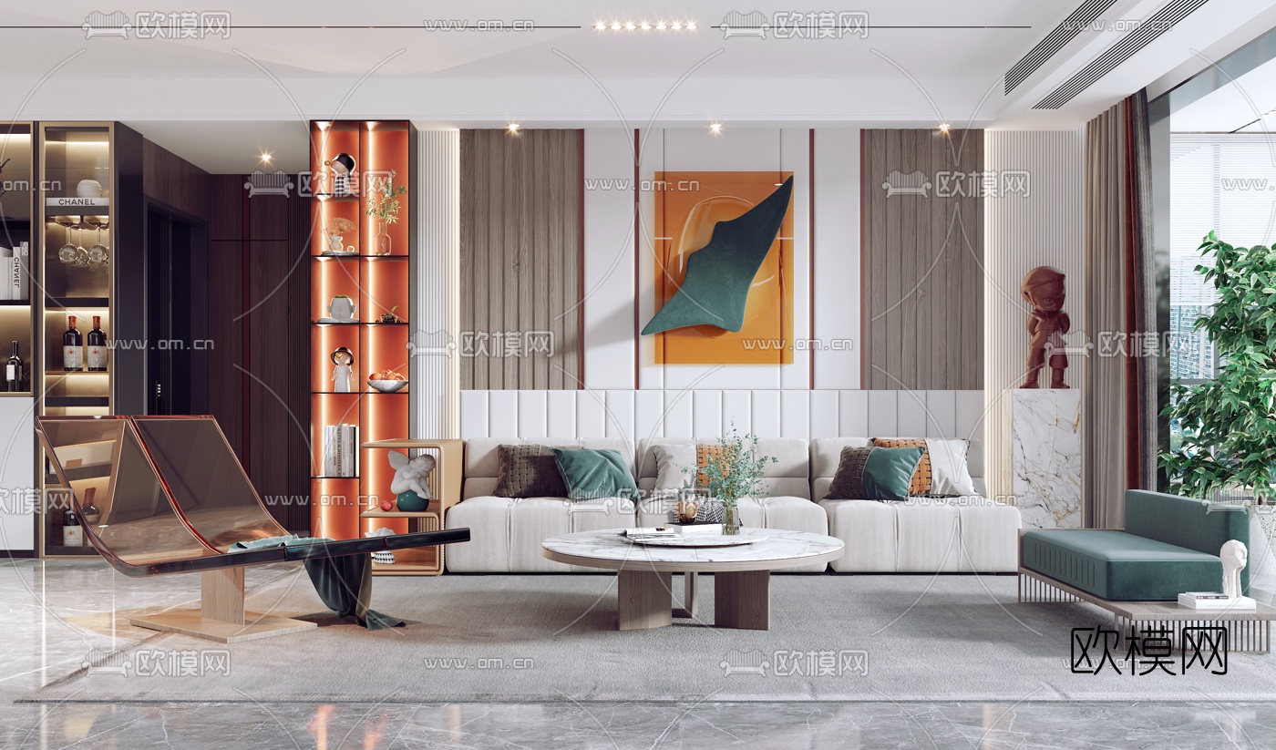 现代客厅餐厅3d模型下载（渲染图1）