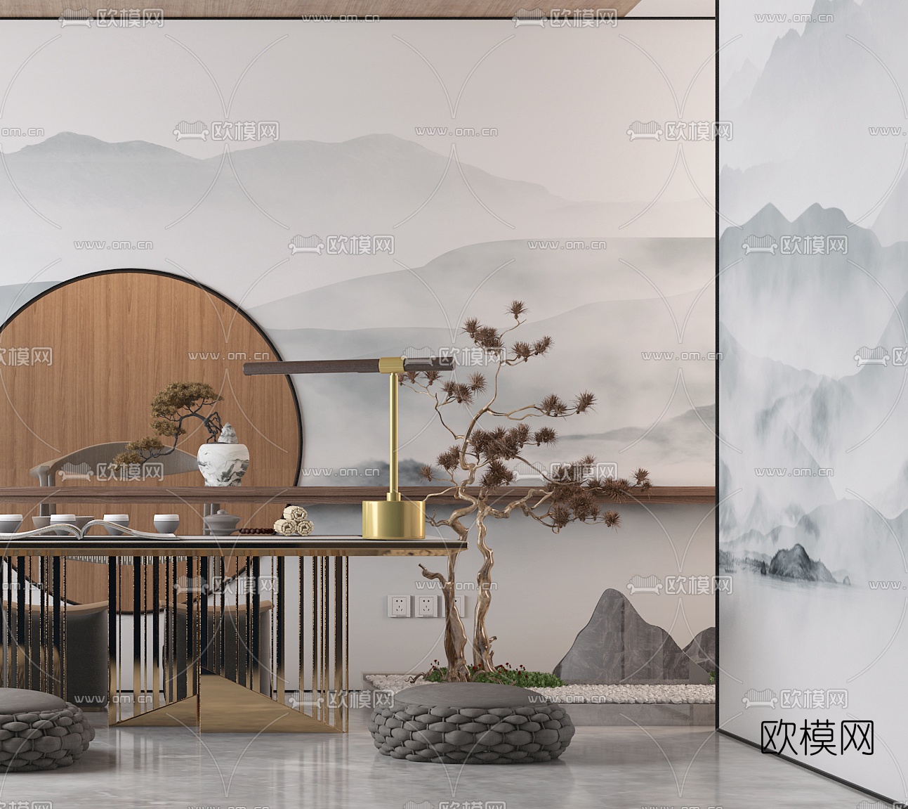 新中式榻榻米茶桌椅3d模型下载（渲染图3）