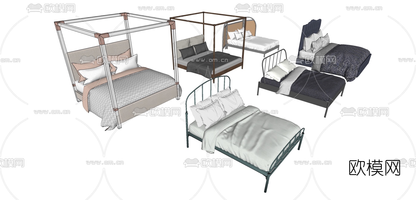 工业风布艺双人床su模型下载（渲染图2）
