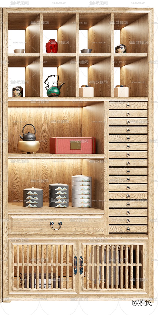 新中式实木博古架3d模型下载（渲染图2）