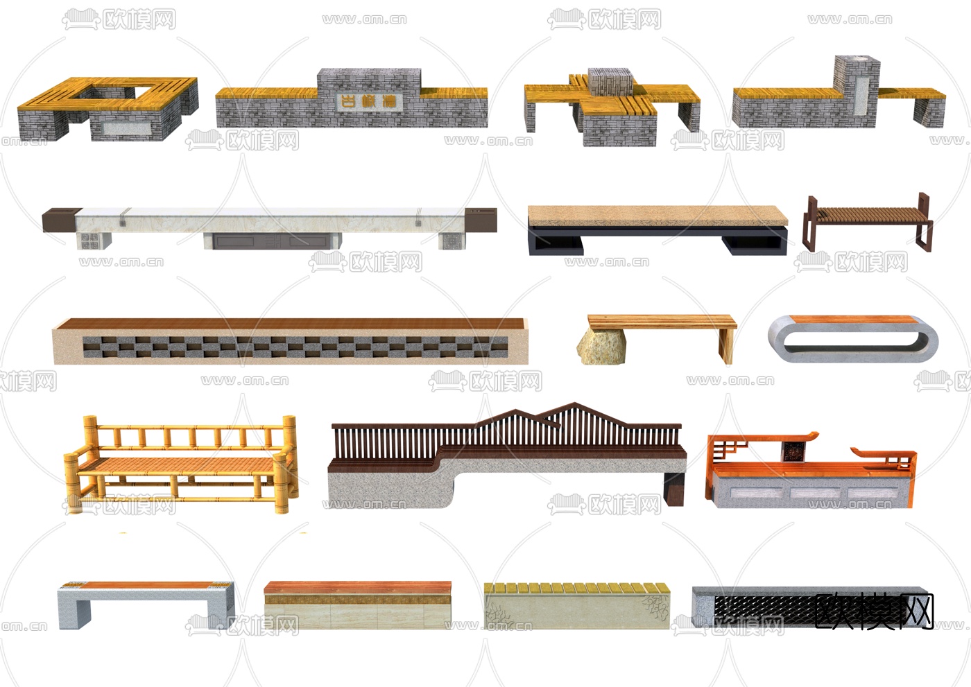 新中式户外公共座椅3d模型下载