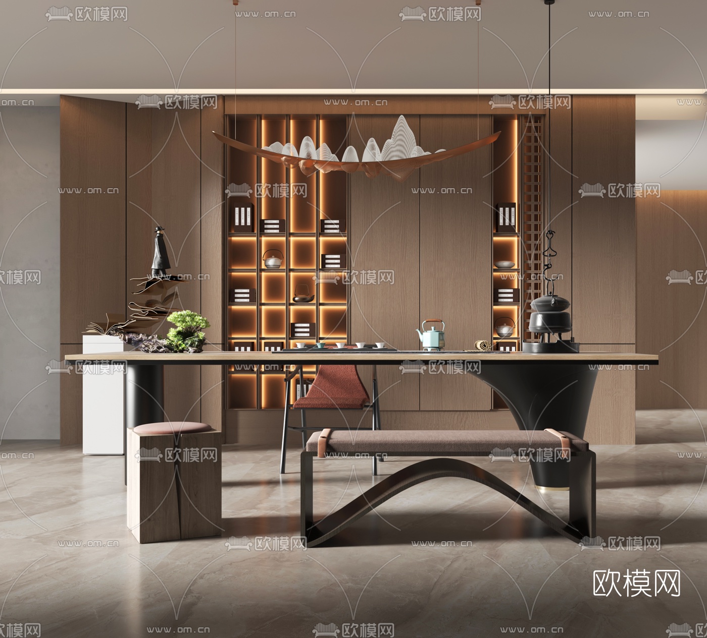 新中式实木茶桌椅3d模型