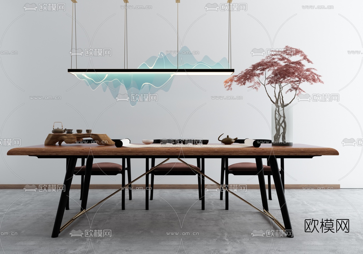 新中式方形茶桌椅3d模型