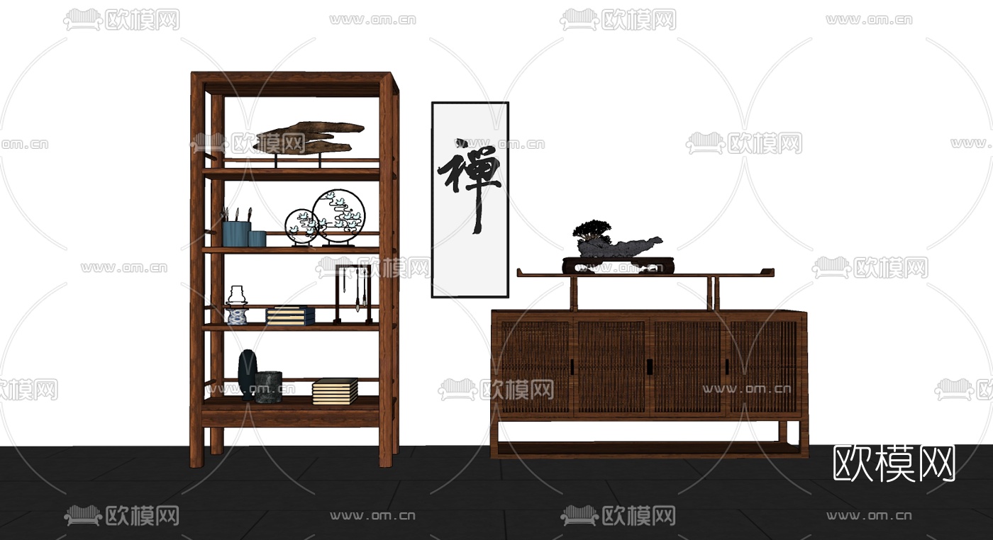 新中式博古架su模型下载（渲染图2）