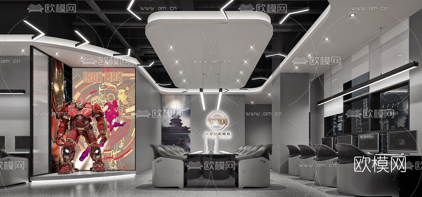 现代高级灰电竞网咖3d模型下载（渲染图1）