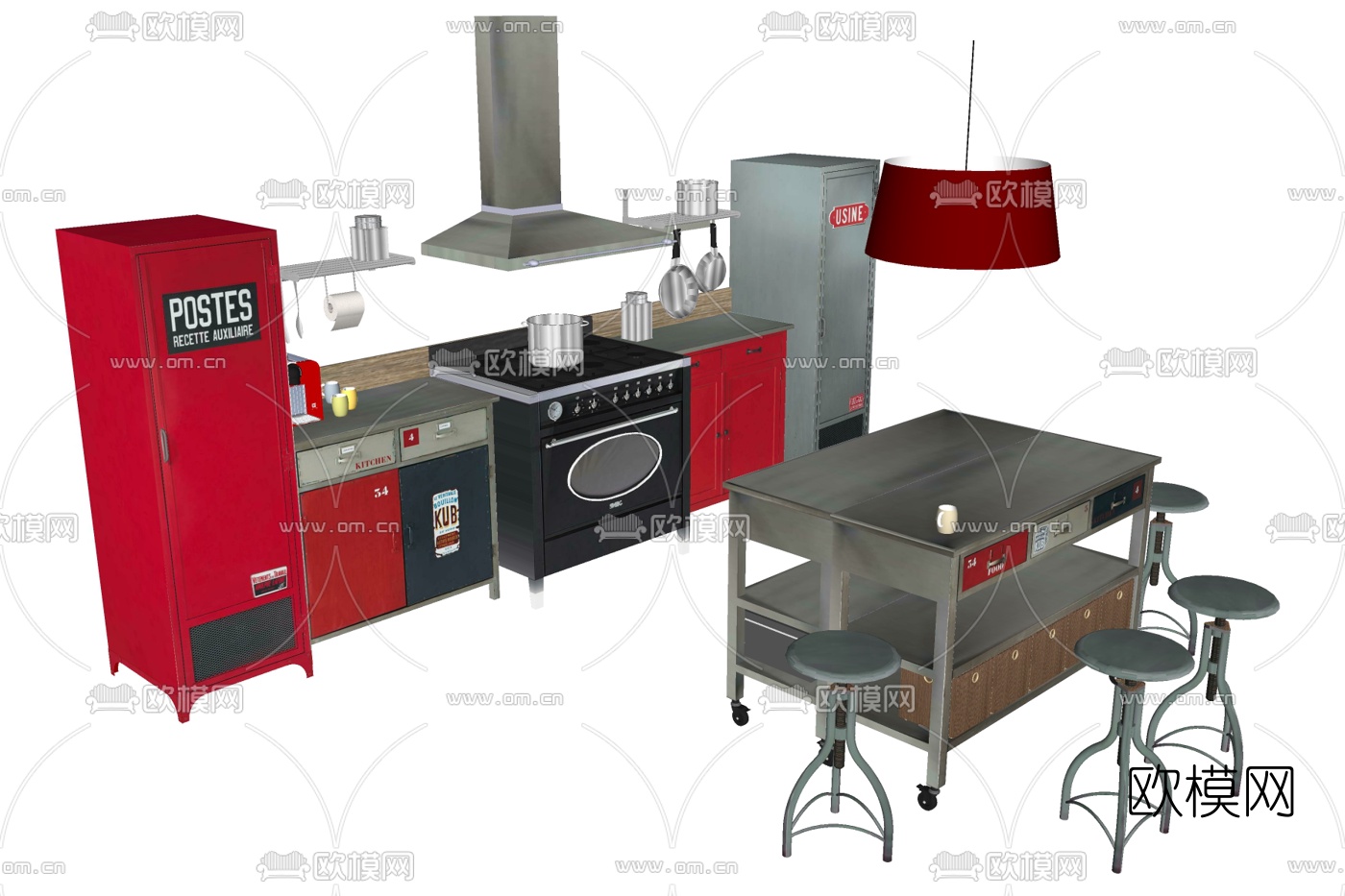 工业风厨房橱柜su模型下载