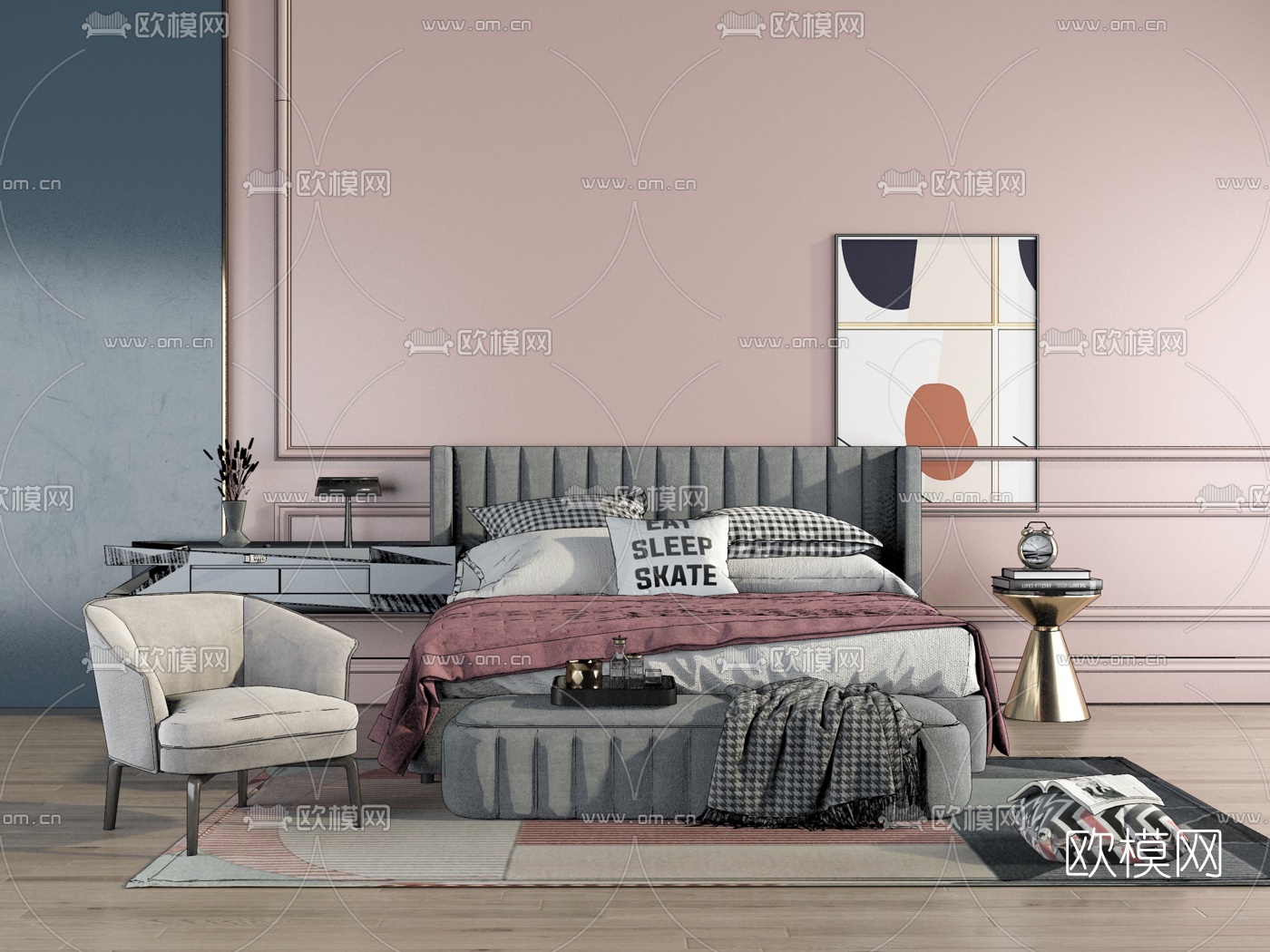 现代布艺双人床su模型下载