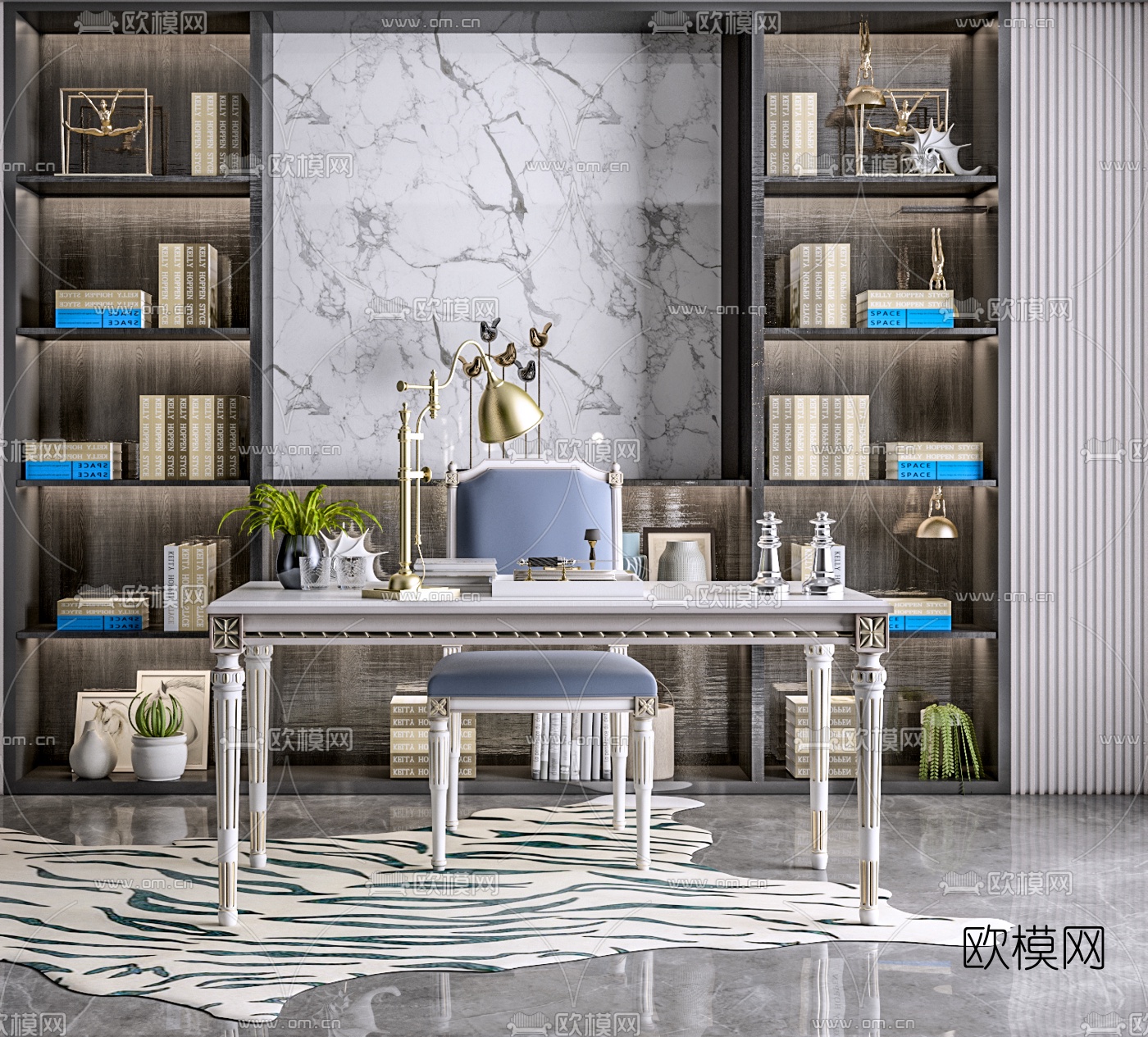 简欧书桌椅3d模型下载（渲染图2）