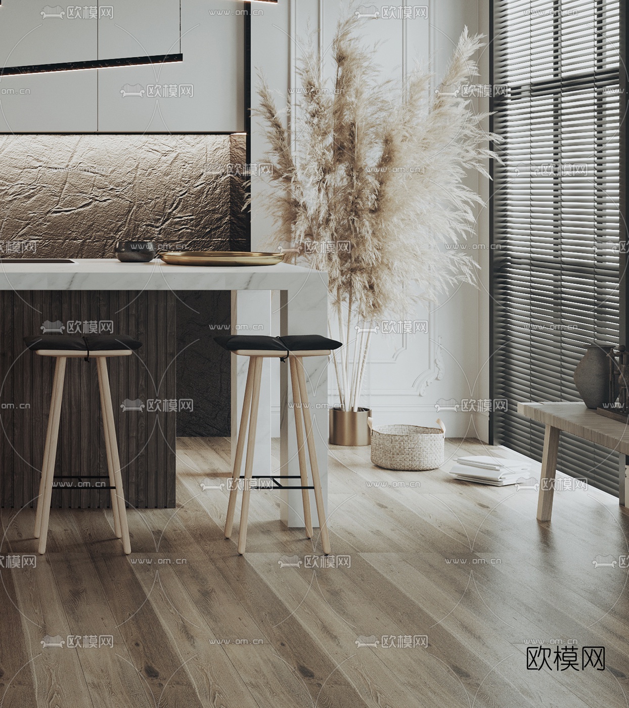 现代开放式厨房中岛柜吧台3d模型下载（渲染图3）