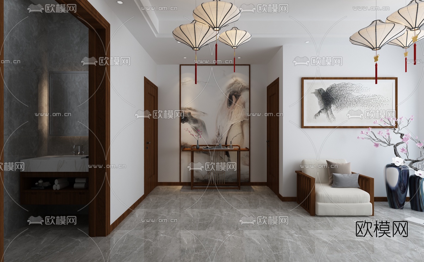 新中式玄关过道免费3d模型-免费3dmax模型库-欧模网