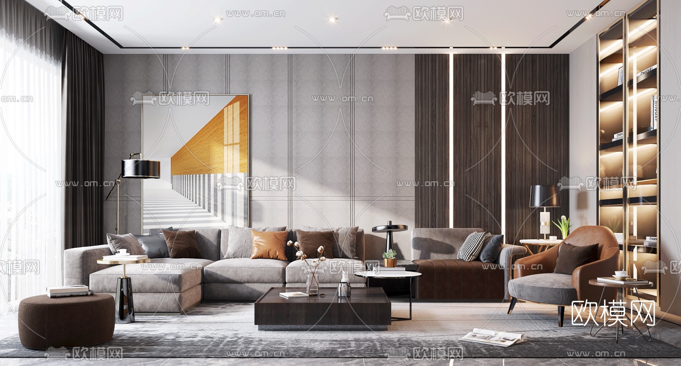 现代布艺转角沙发组合3d模型下载