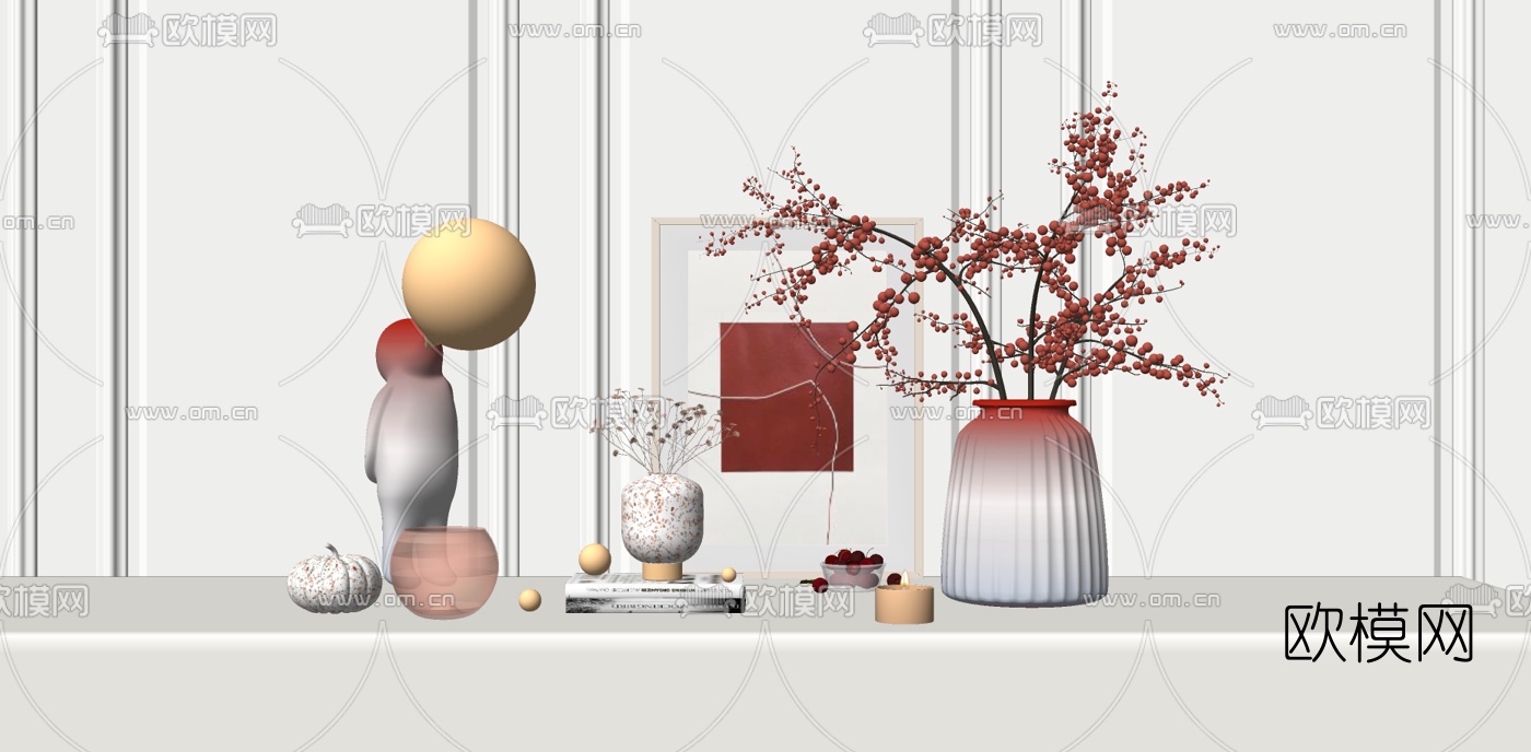 现代花瓶花卉书籍摆件su模型-免费3dmax模型库-欧模网