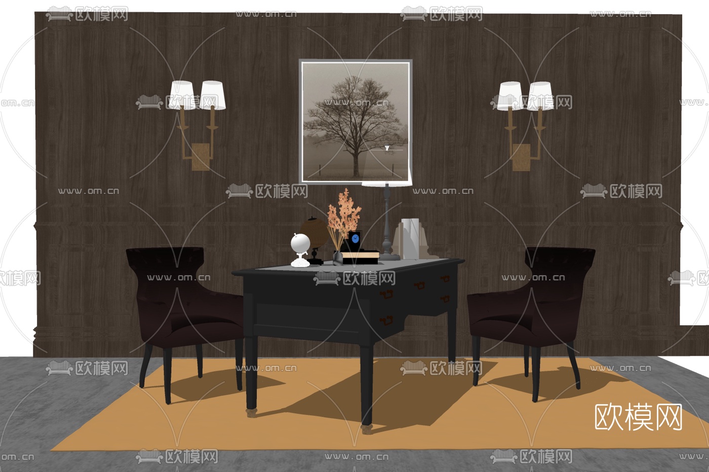 现代实木班台桌su模型下载