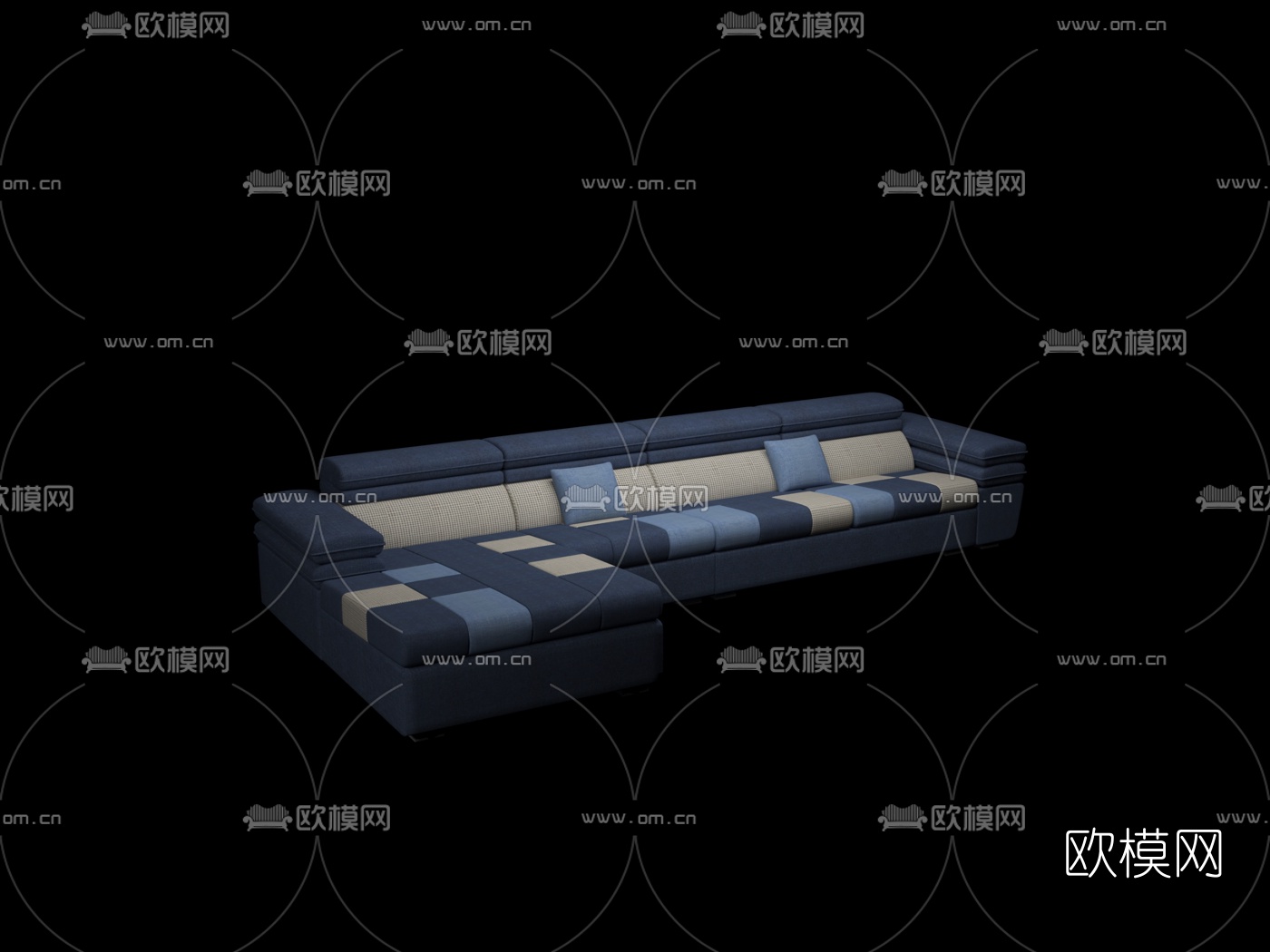 现代布艺转角沙发免费3d模型下载（渲染图1）