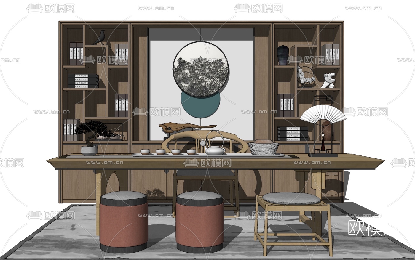 新中式茶桌椅su模型下载
