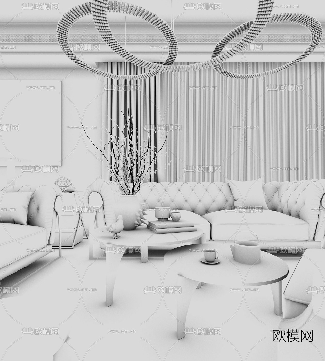 连自成设计 后现代客厅组合沙发3D模型下载（渲染图2）