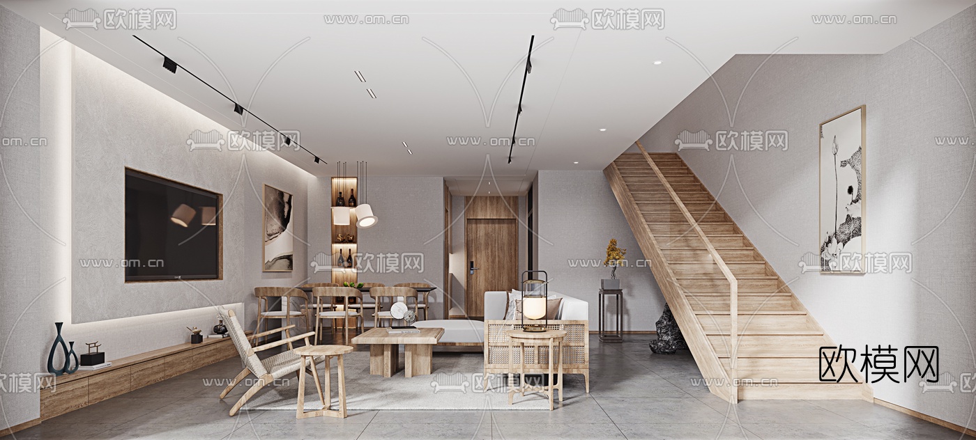 新中式简约复式客厅卧室3d模型下载（渲染图1）