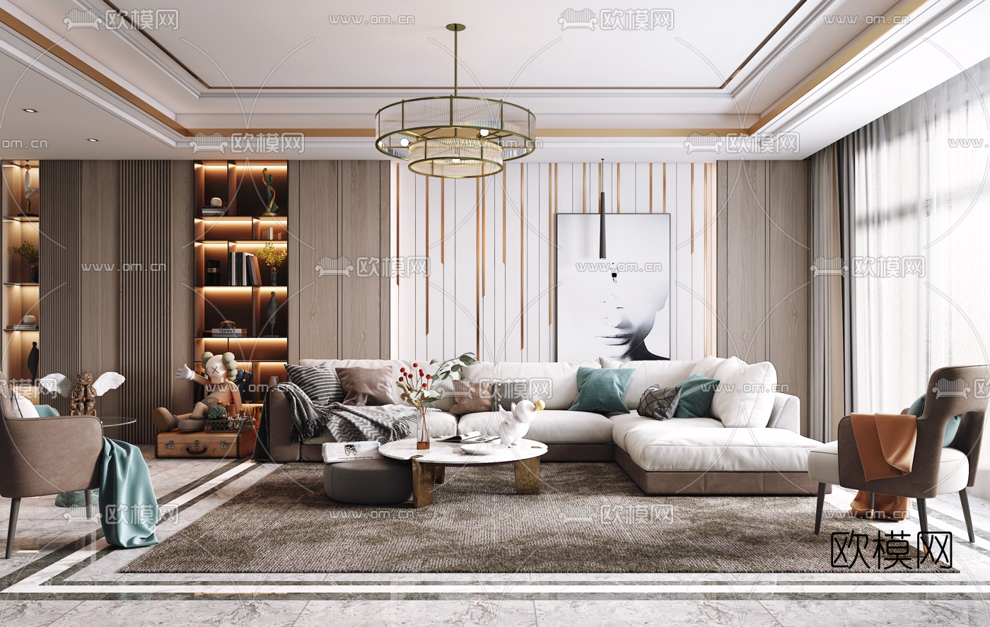 现代轻奢客厅3d模型下载（渲染图2）