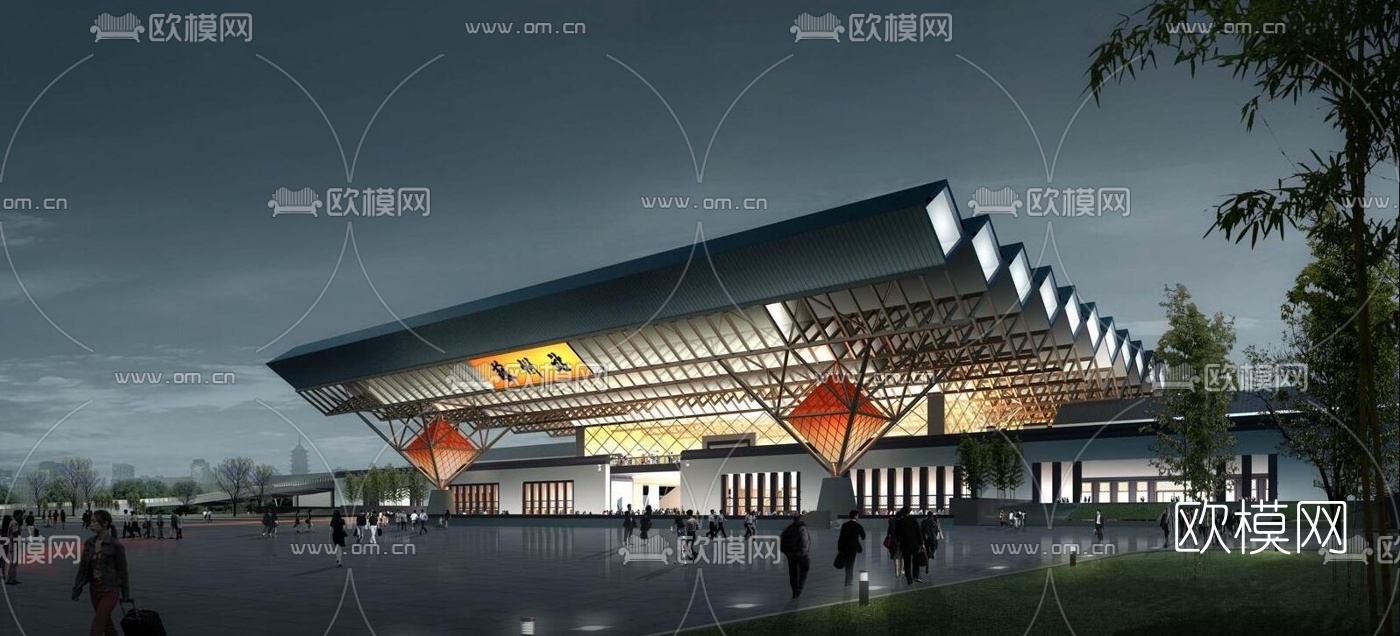 中式高铁站汽车站su模型下载（渲染图3）