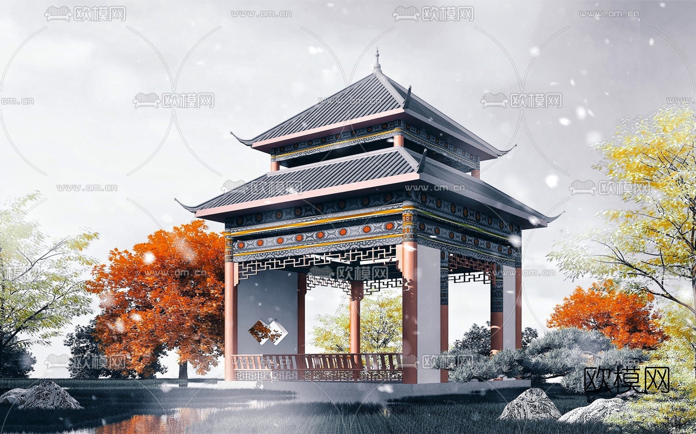 中式古建重檐凉亭景观亭3d模型下载
