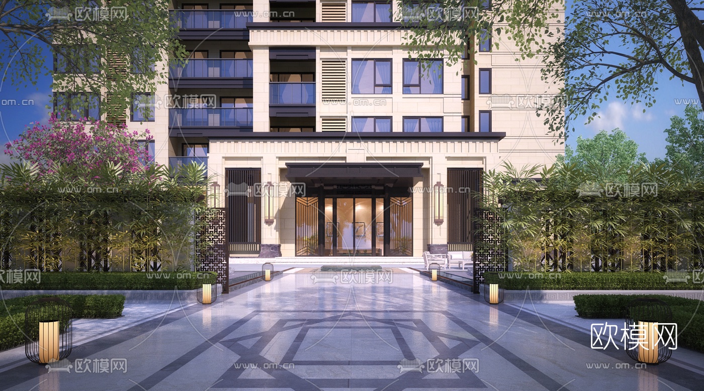 新中式住宅楼入口门头3d模型下载