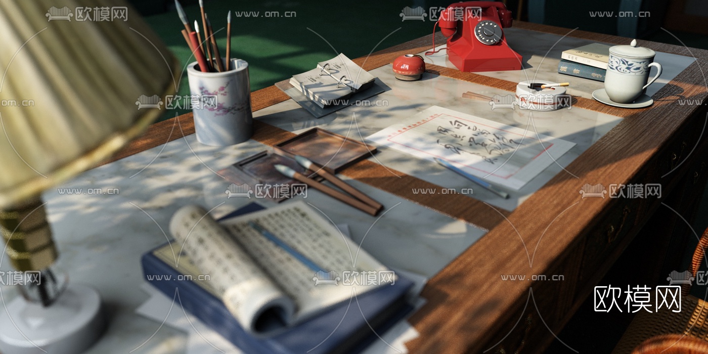 新中式复古书桌笔墨书籍摆件3d模型