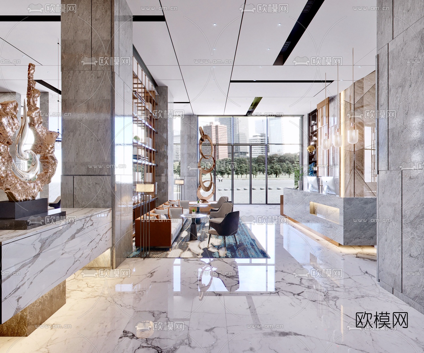 现代轻奢酒店大堂自助餐厅3d模型-免费3dmax模型库-欧模网