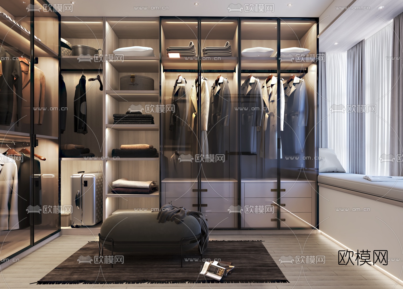 现代轻奢衣帽间3d模型下载（渲染图1）