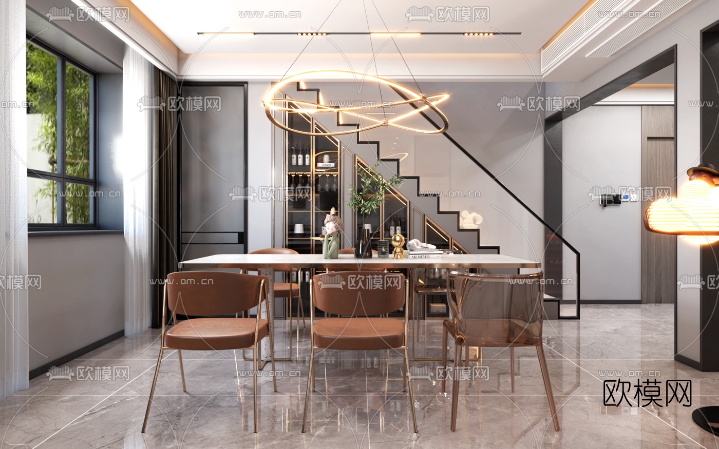 现代轻奢别墅客厅餐厅3d模型