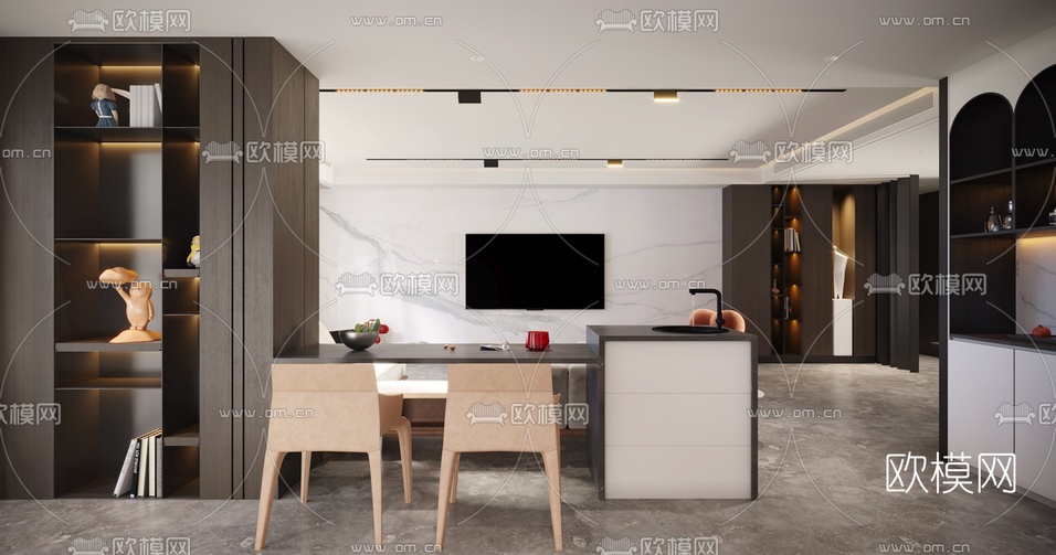现代客厅餐厅3d模型下载(渲染图5)