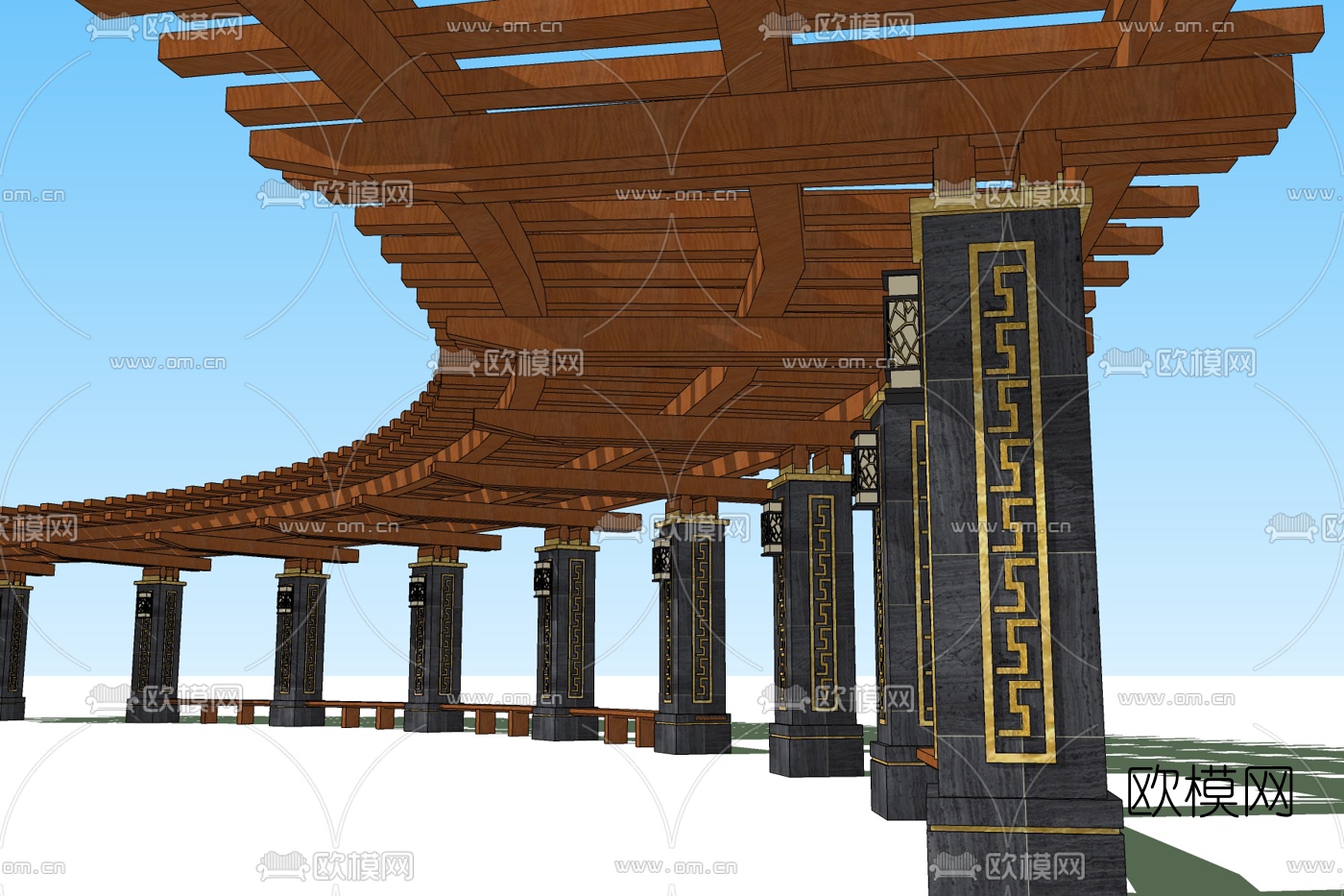 新中式廊架免费su模型下载