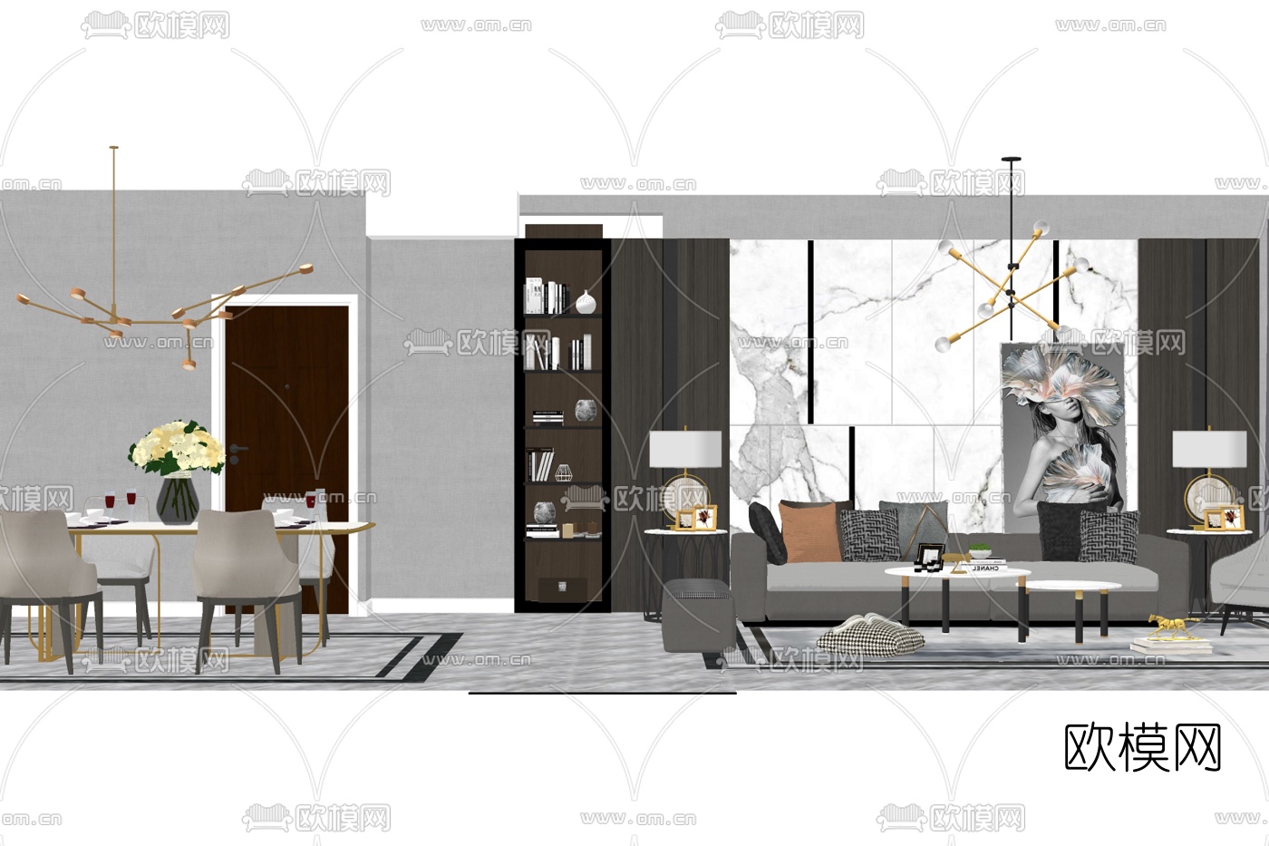 现代布艺组合沙发免费su模型下载