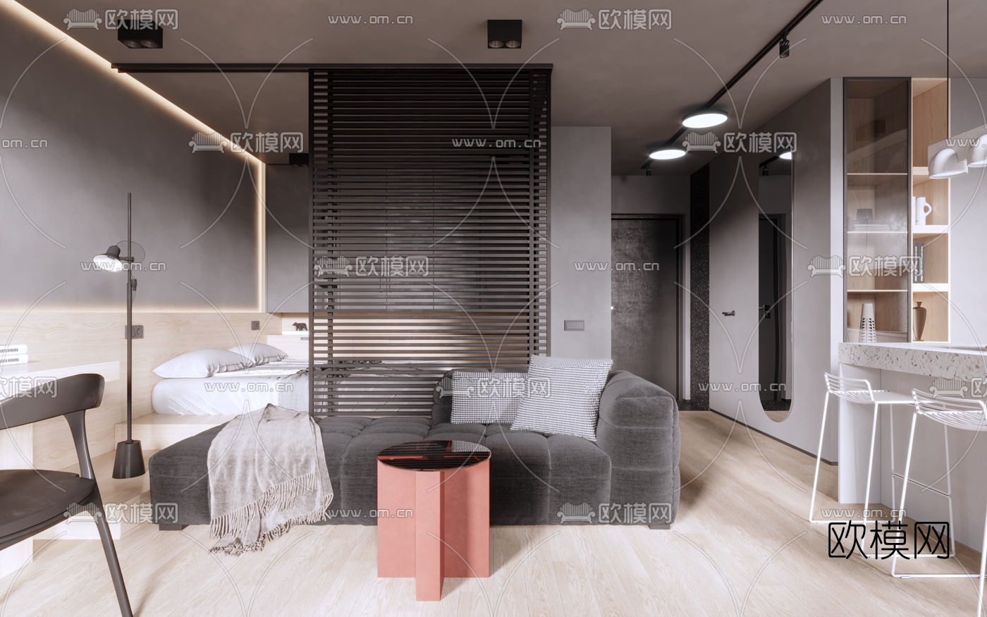 北欧单身公寓3d模型下载（渲染图1）