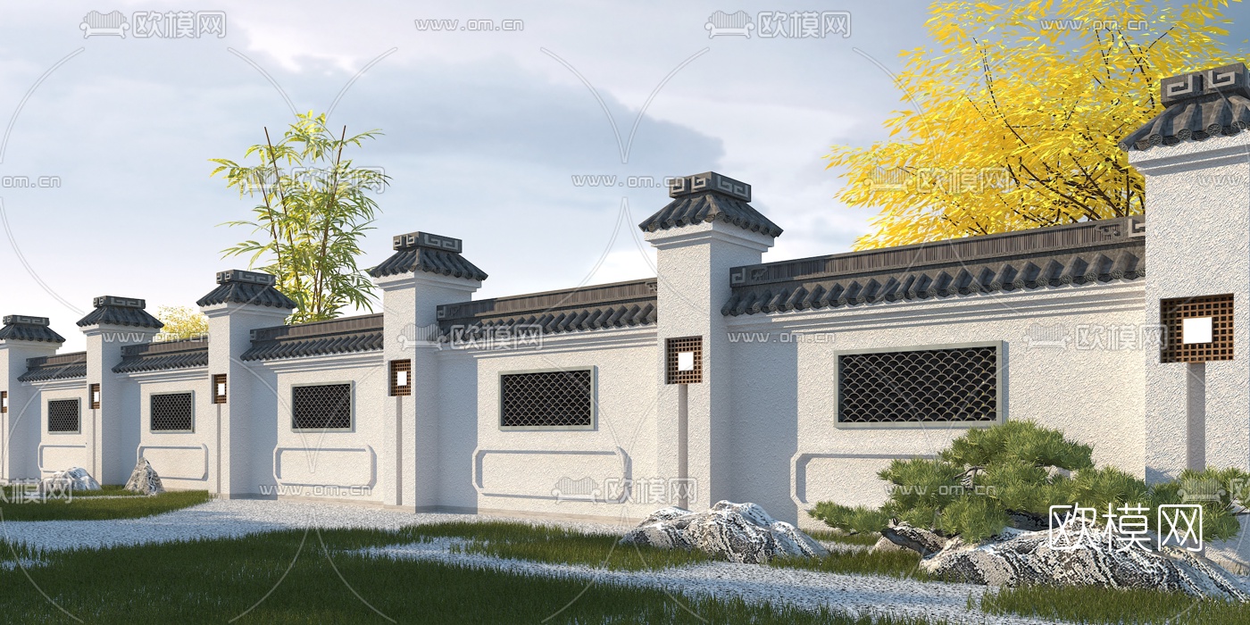 中式徽派园林围墙3d模型下载