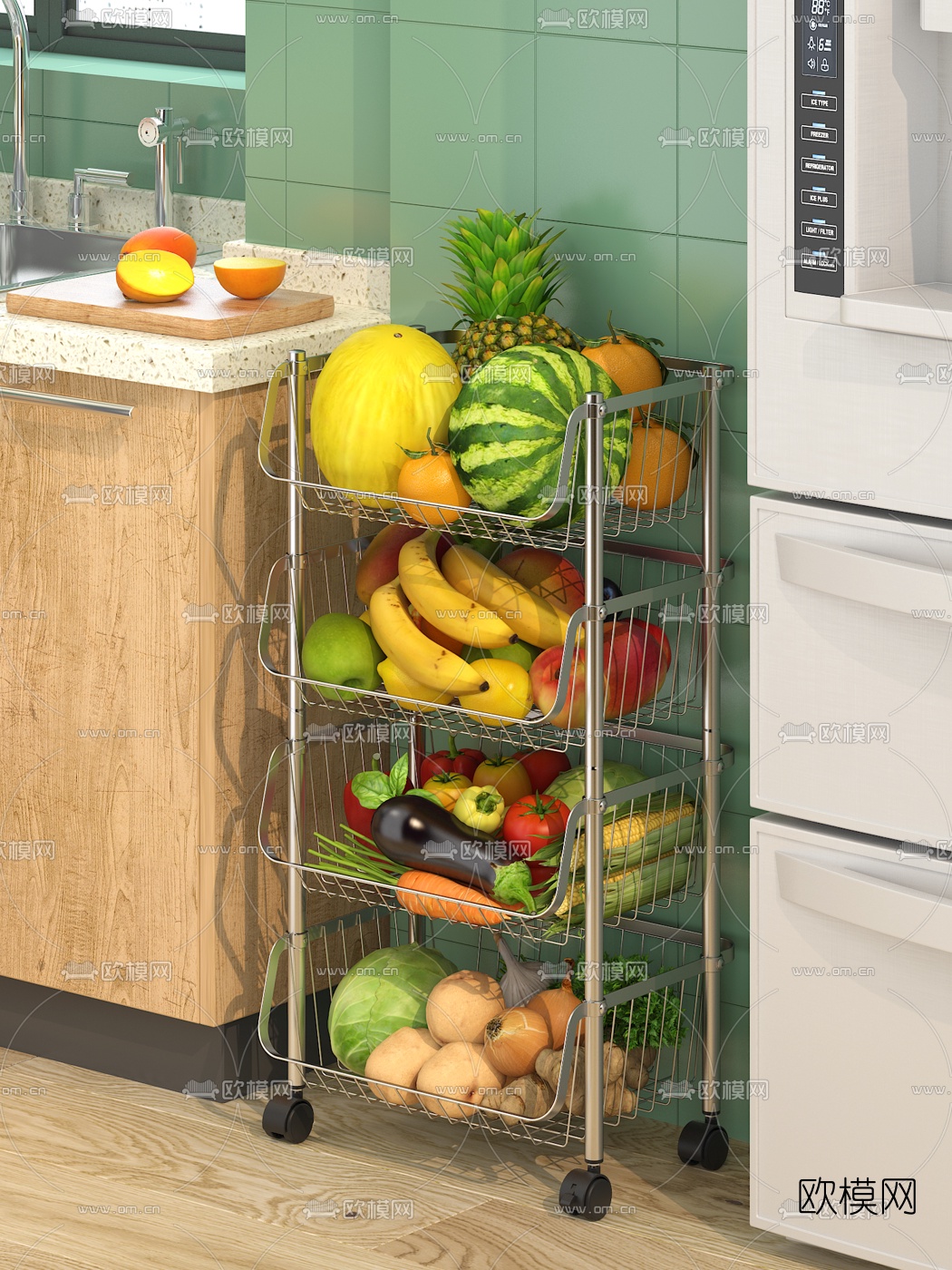 现代金属厨房储物架3d模型下载（渲染图2）