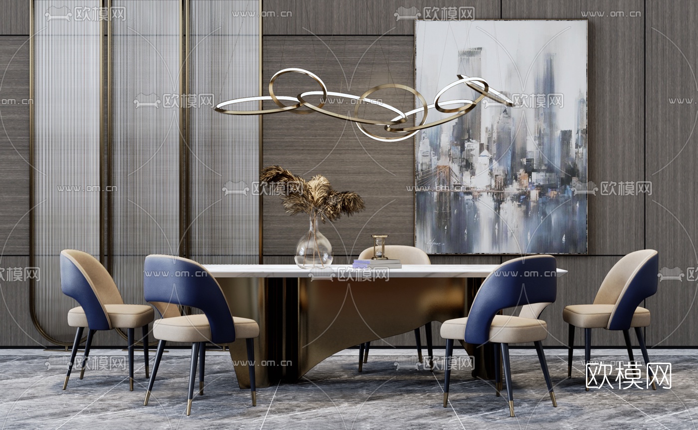 现代轻奢餐桌椅组合su模型下载（渲染图1）