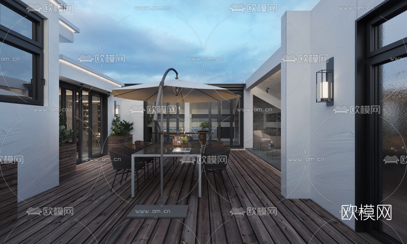 现代楼顶露台休闲区夜景3d模型下载（渲染图2）