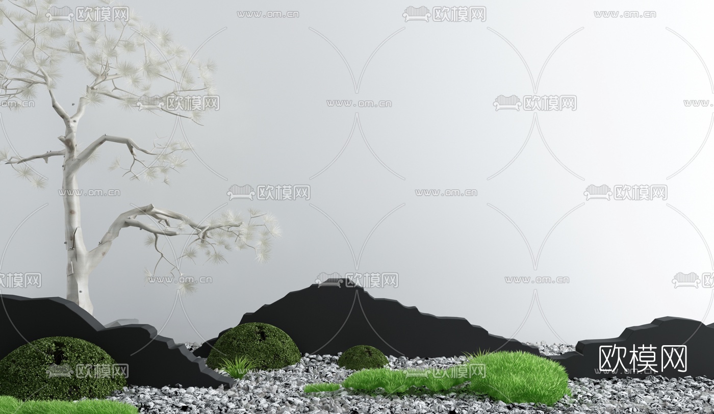 新中式景观树假山景观小品3d模型下载