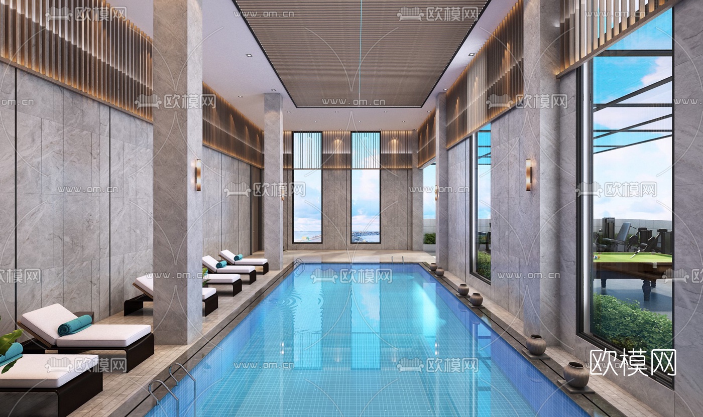 现代泳池麻将室休闲会馆3d模型下载（渲染图1）