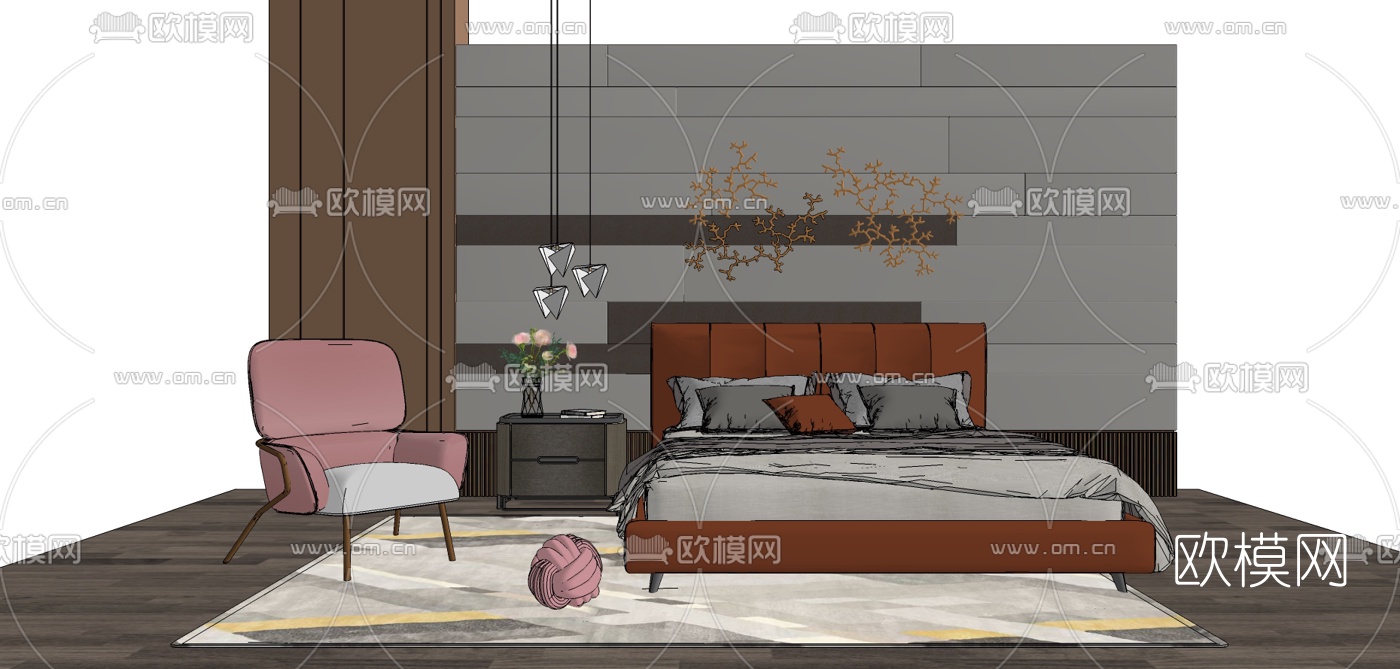 现代布艺双人床su模型下载