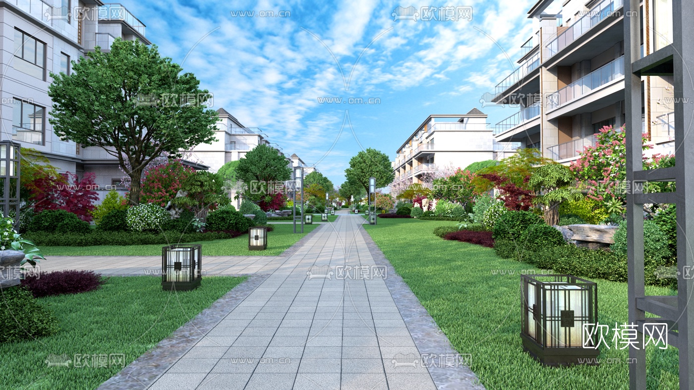 新中式住宅小区园林景观3d模型