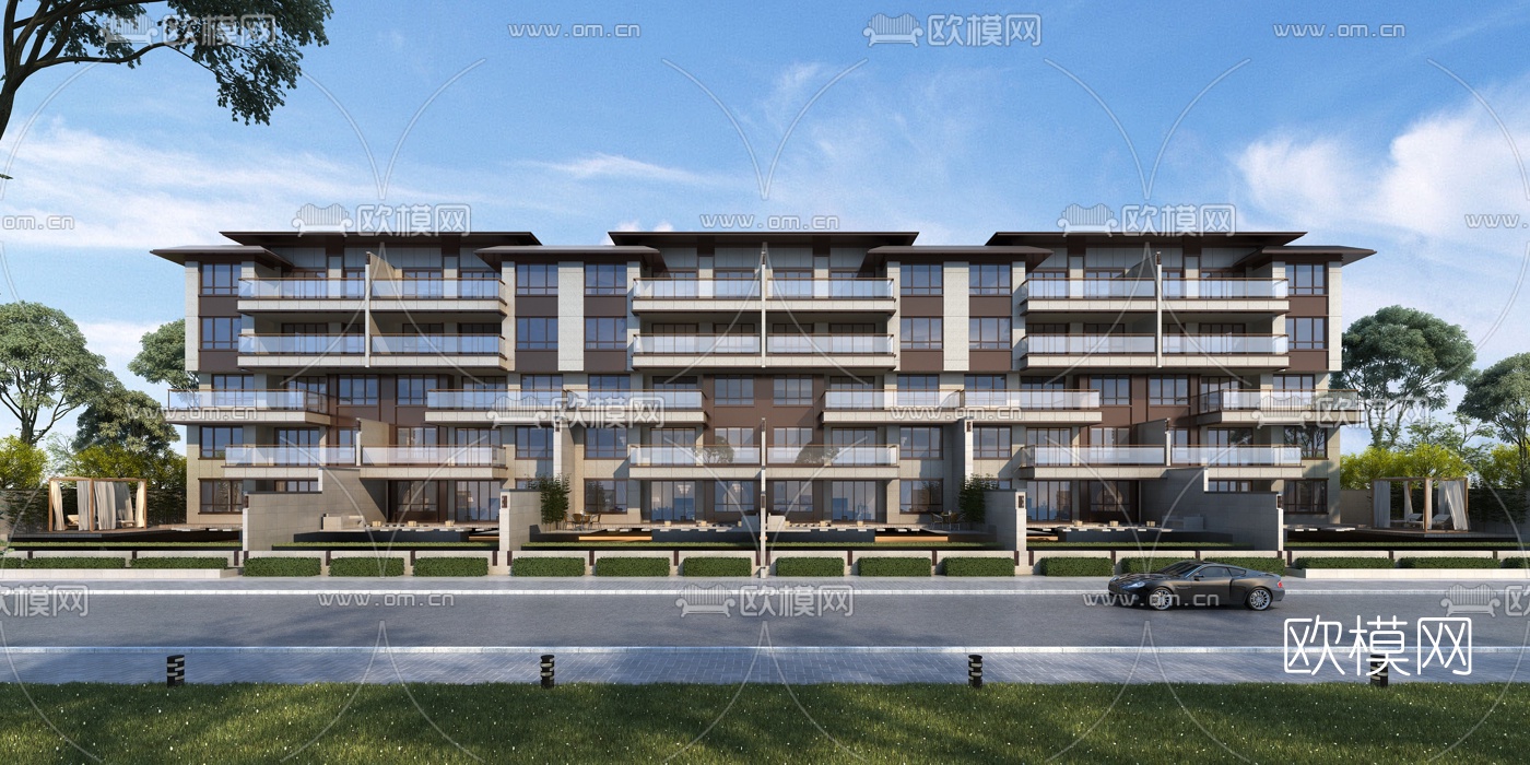 新中式联排别墅外观3d模型下载