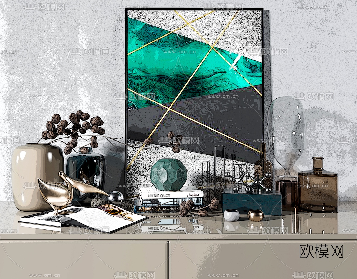 现代花瓶花卉书籍摆件su模型下载