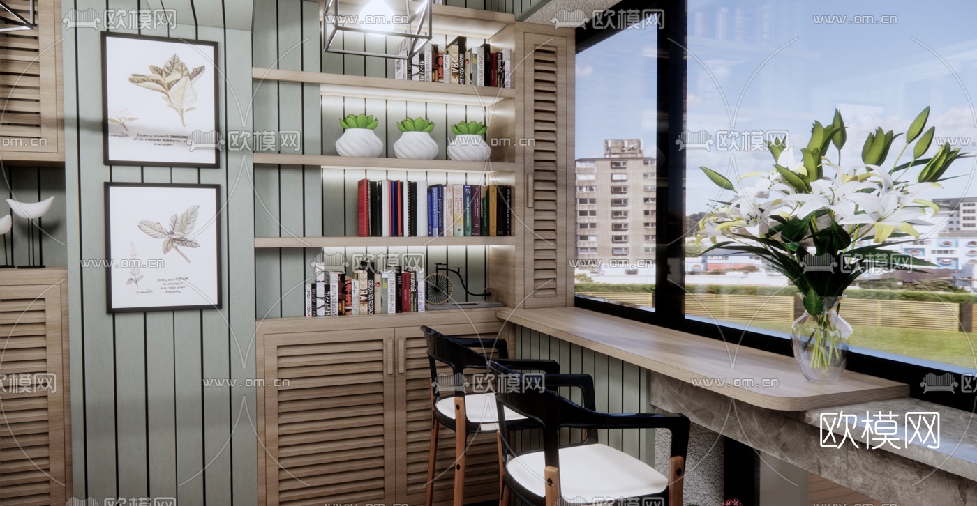 北欧阳台书吧su模型下载（渲染图4）