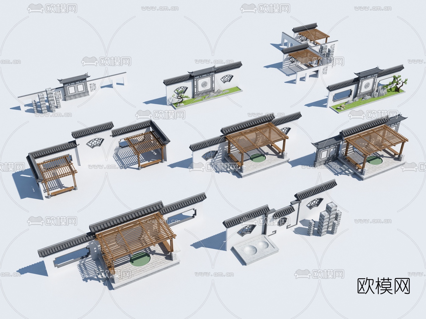 中式景墙廊架园艺小品3d模型