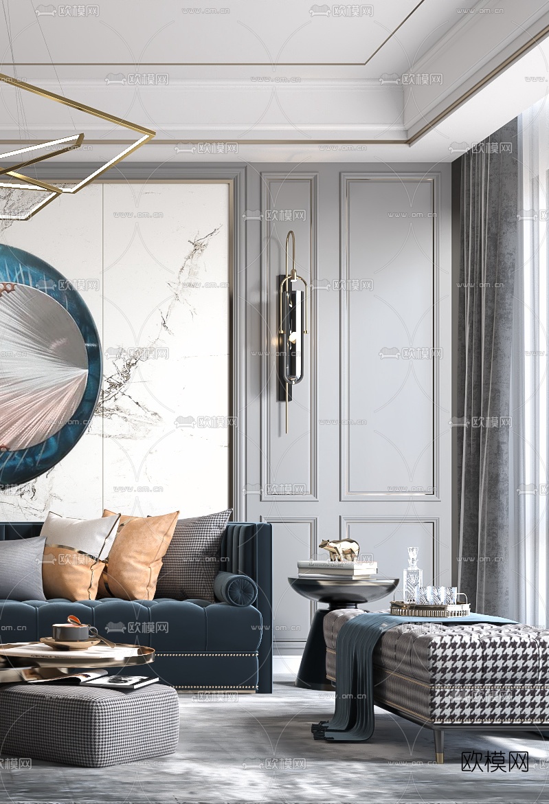 美式绒布沙发组合3d模型下载（渲染图2）