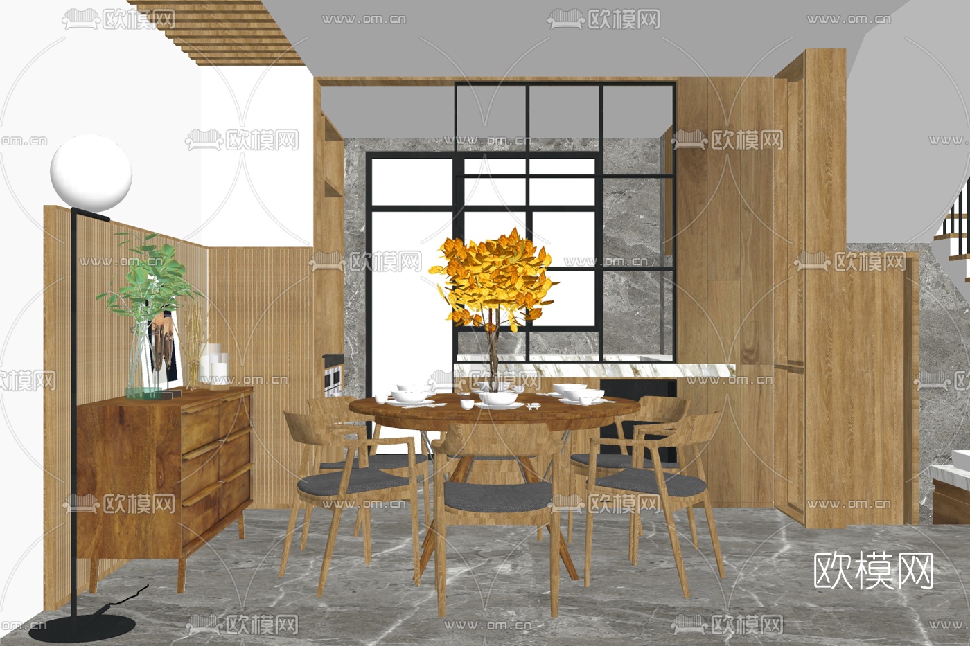 新中式实木圆形餐桌椅免费su模型下载