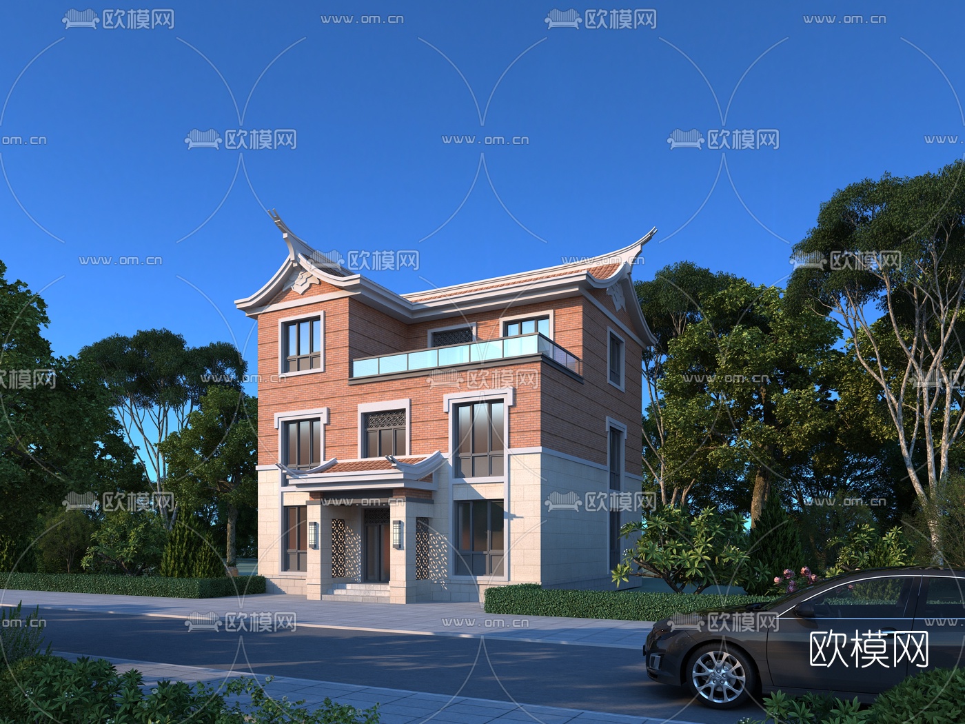 新中式别墅外观su模型-免费3dmax模型库-欧模网
